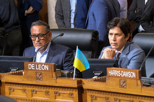 Under the Spotlight: LA City Councilmen Kevin de León and Gil Cedillo at the LA City Council Meeting on Oct. 11 after the recording was leaked. 