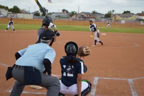 Power Duo: Pitcher and catcher duo, Monique Rojas and Xiomara Martinez, during an at bat against Cosa Mesa High.