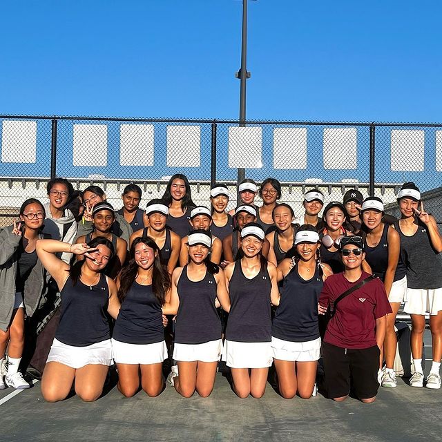 Matching matches: Both varsity and JV both celebrate 11-7 wins over Marina during their preseason on Sep. 9. (Photo Courtesy of OA Girls Tennis)