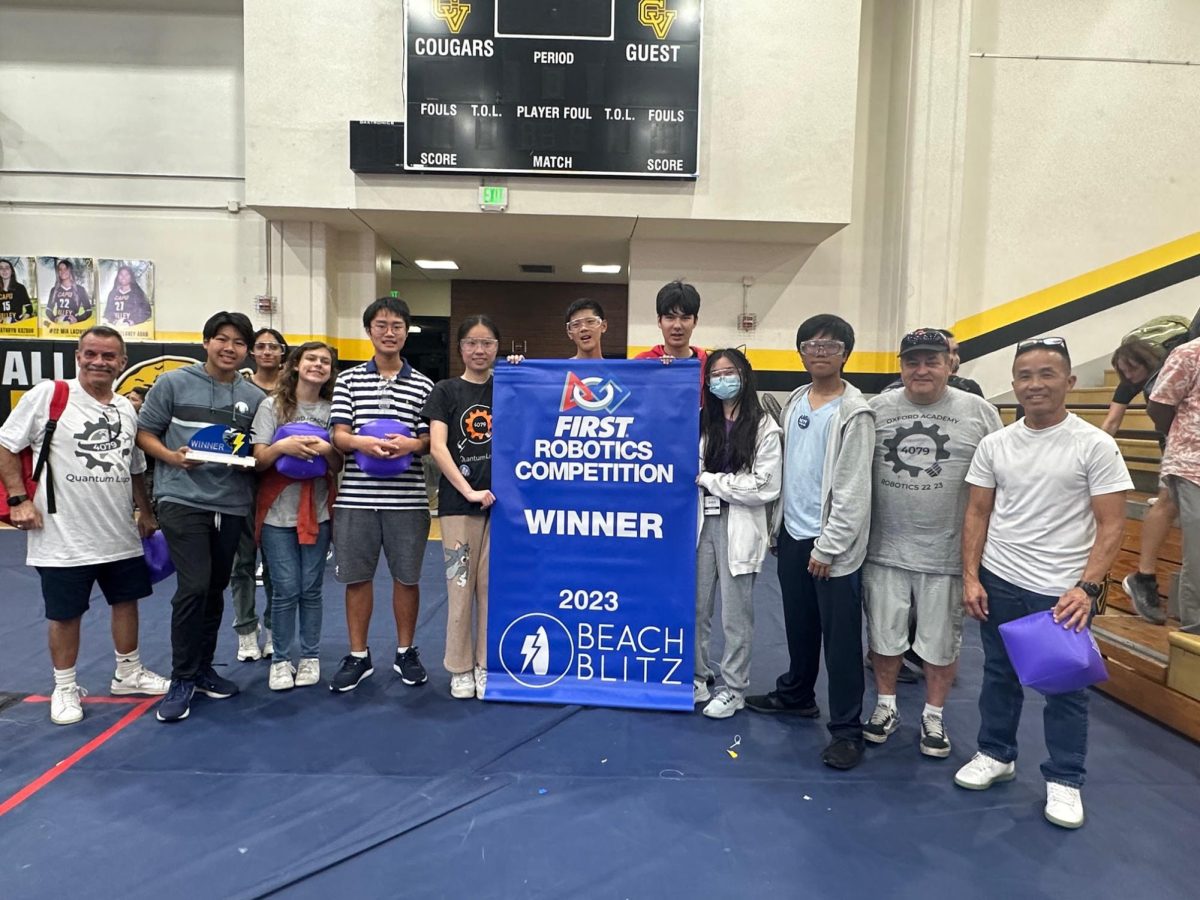 True and Blue: Quantum Leap sports the iconic blue Beach Blitz banner after their competition victory at Capistrano Valley High School during the Nov. 3-5 weekend. They competed with their robot “Rigoletto” over the course of three days to eventually win the overall title, which they hope will be a sign of more wins to come. (Courtesy of OA Robotics)