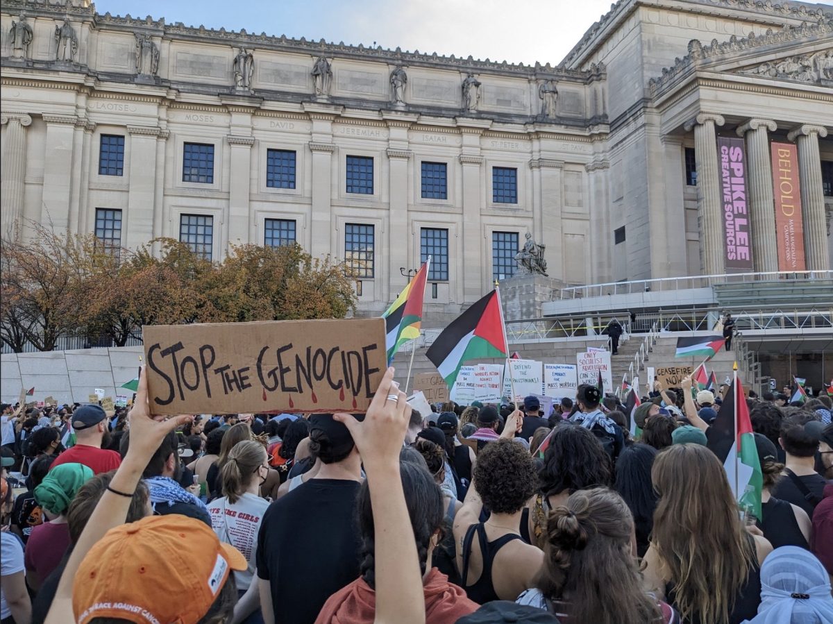 Protests for Peace: Demonstrators gather on Oct. 8, 2023, outside the Brooklyn Museum in New York to protest Israeli attacks on Palestine. (Photo by Ishmael Daro)