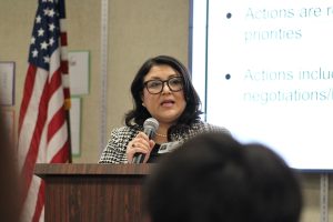 Leading Changes: AUHSD Coordinator of Learning and Development Dr. Roxanna Hernandez presents information about the LCAP and its action items at the final meeting on May 9.
