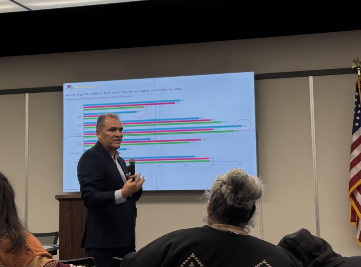 COLLABORATIVE EQUITY: CSULB professor Dr. Jose Moreno presented various statistics illustrating academic achievement disparities between AUHSD's ethnic groups and genders, urging the community to partake in LCAP to address them.