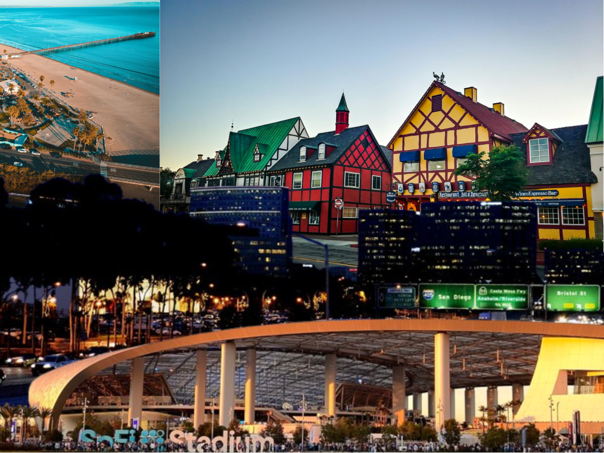 California Hotspots: Local short term trips to relax over the summer. Collage adapts "Aeriel view of the beach in California" by Juan Montes, "tie katu kyla kalifornia" by Soly Moses, "Costa Mesa CA(2013)" by Nandaro, and "SoFi Stadium 2023" by Troutfarm27.