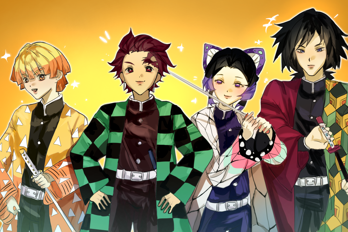 TEAMWORK MAKES THE DREAMWORK:  Zenitsu, Tanjiro, Shinobu, and Giyuu pose proudly after gaining massive character development. 
