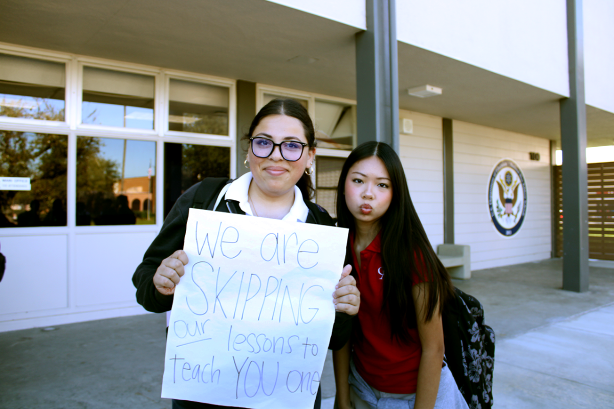 WALKING OUT: Sophomores Serina Redwan and Katherine Phan leave Oxford Academy to protest ICE actions with other Oxford students.