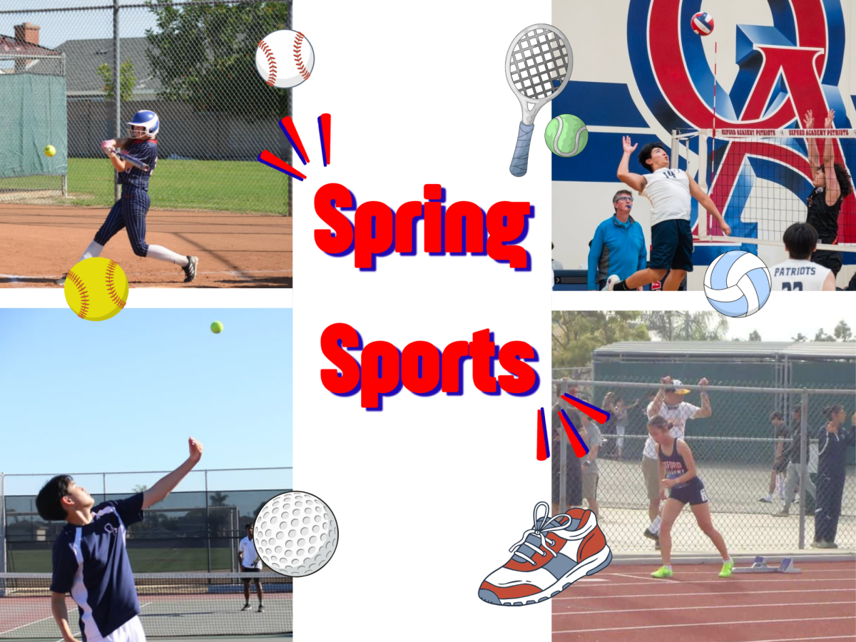 CLIMBING TO THE TOP: Sophomore Max Valdivia hits the volleyball with intense power, senior runner Trina So prepares for the race to begin, freshman Kaylee Rebutoc hits the
softball, and a tennis player prepares to strike the tennis ball. (Collage by Caliny Alvarado)